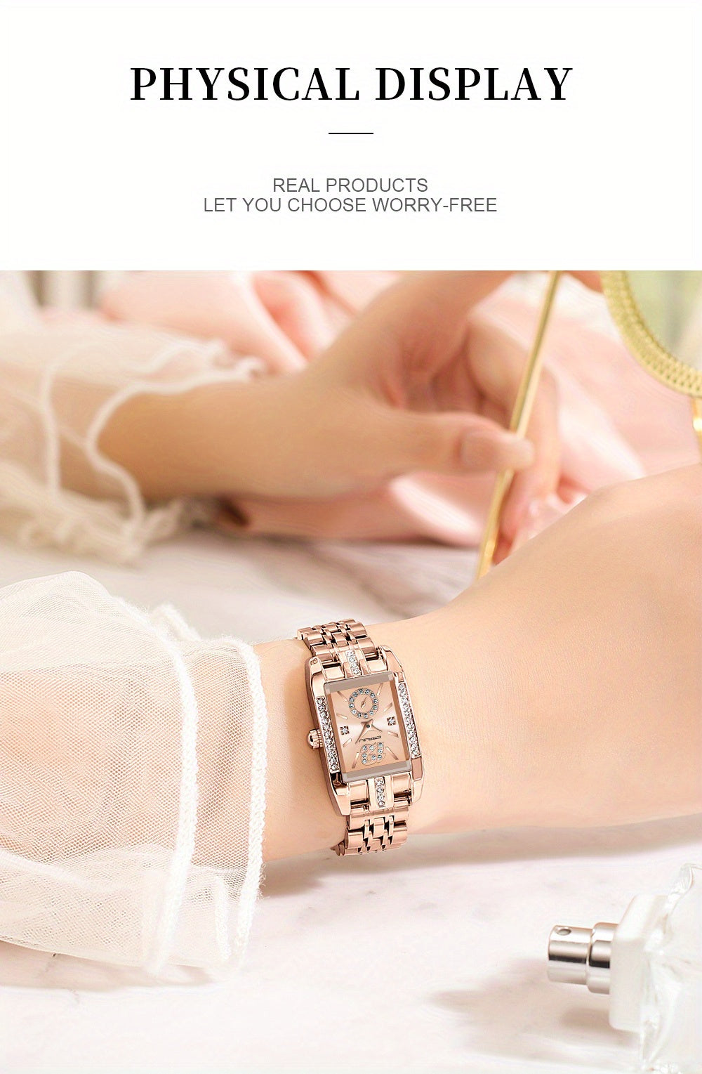 Stainless Steel Women's Luxury Watch, Elegant Rectangle Pointer Analog Quartz Rhinestone WR Wrist Watch