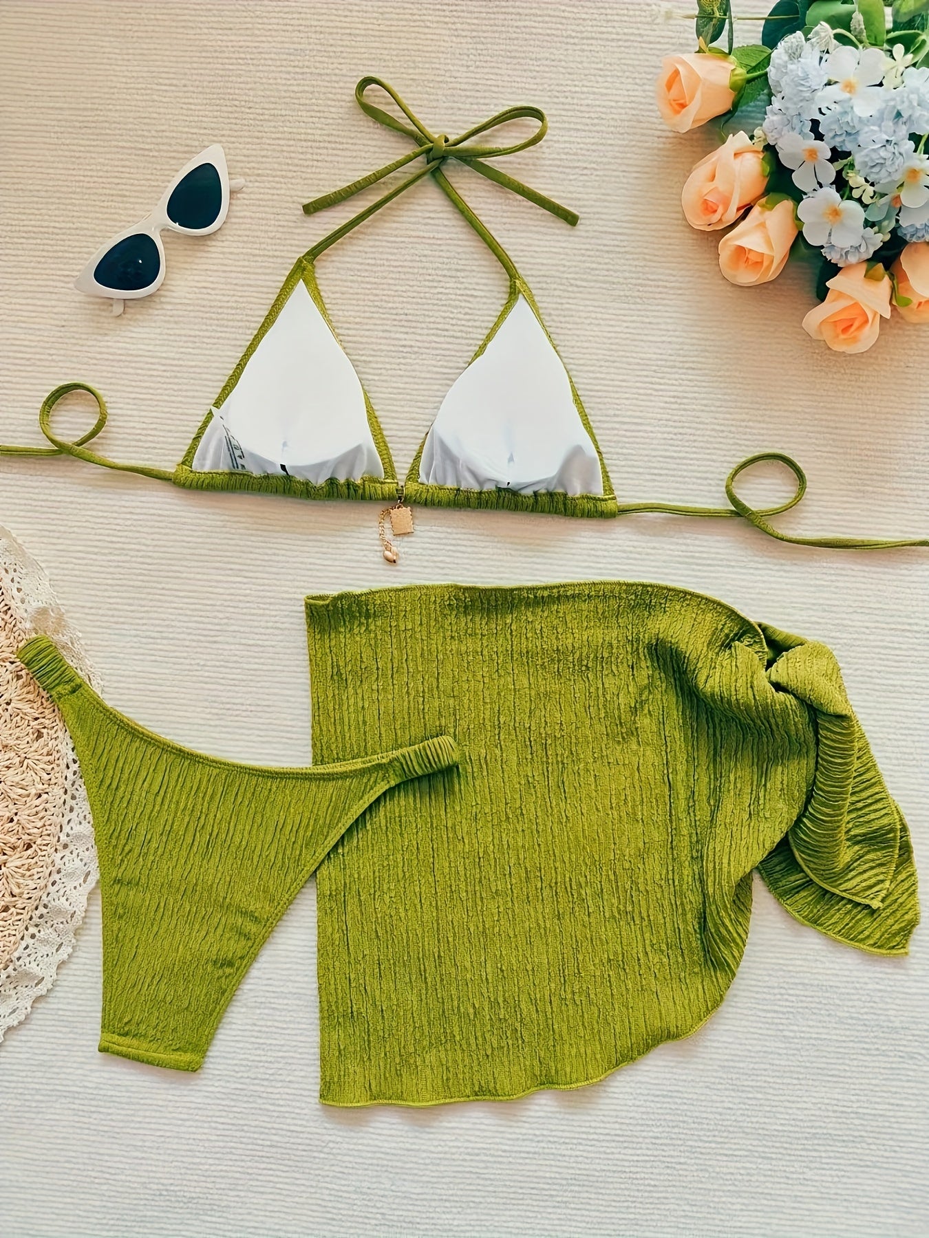 Women's Sexy Solid Color Bikini Swimsuit Three Piece Set