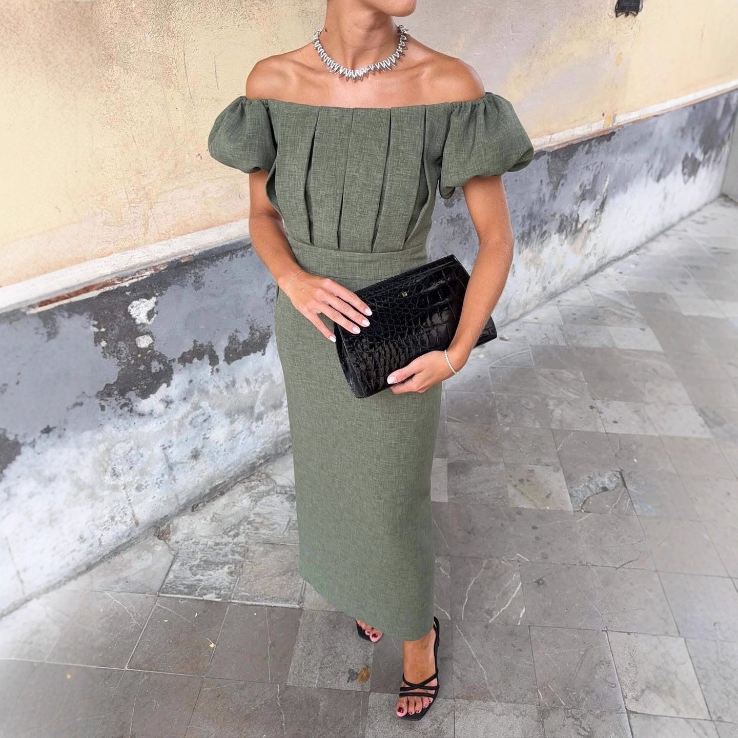 New Arrival Elegant Figure-flattering Long Dress With Short Sleeves