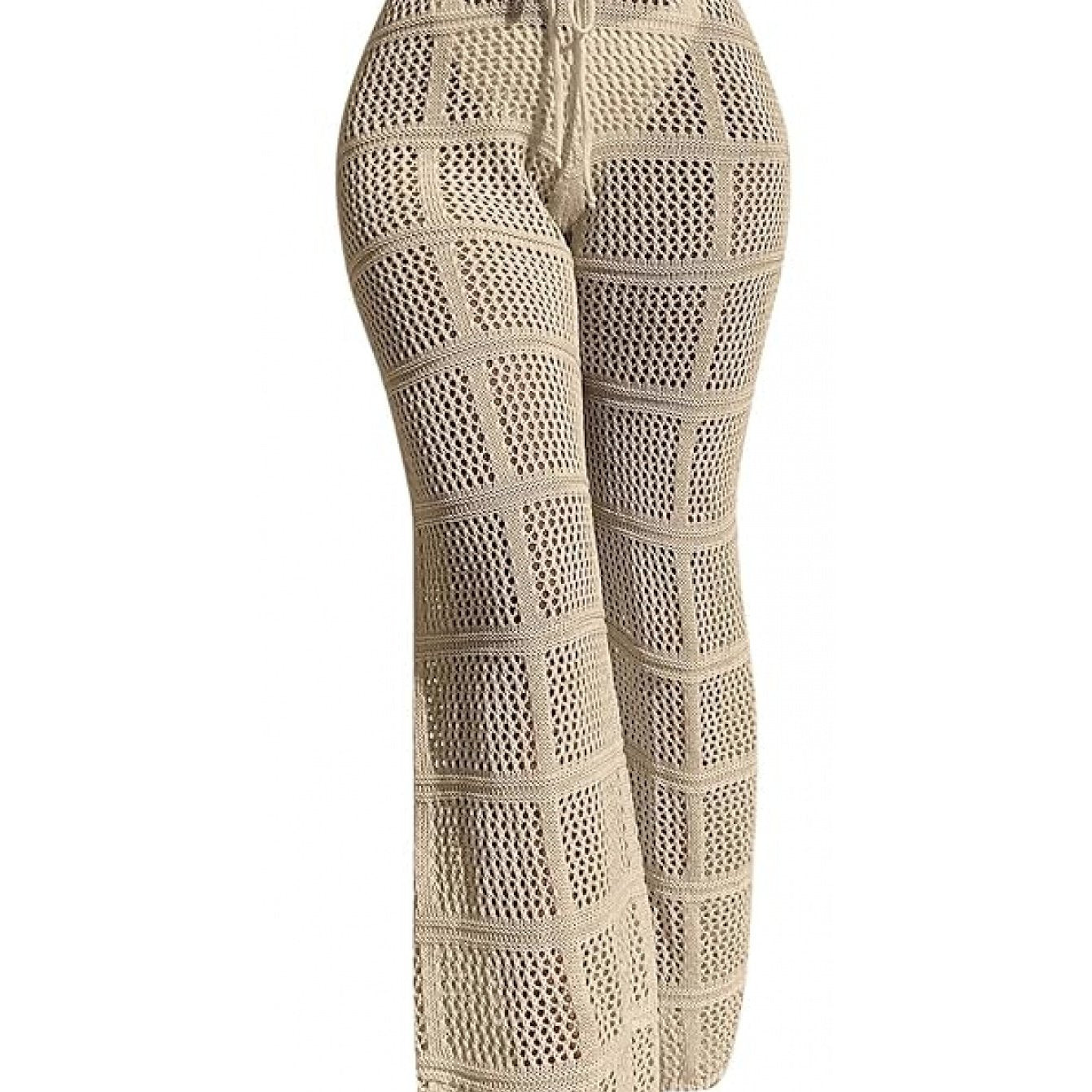 Women'S Crochet Sheer Swim Cover Up Pants - Drawstring, Hollow Out Loose Beach Pants, Summer Vacation Style, Knit Material, Long Length, No Belt, Relaxed Fit, Beach Coverup|Hollowout Design|Drawstring Waist, Beach Clothes