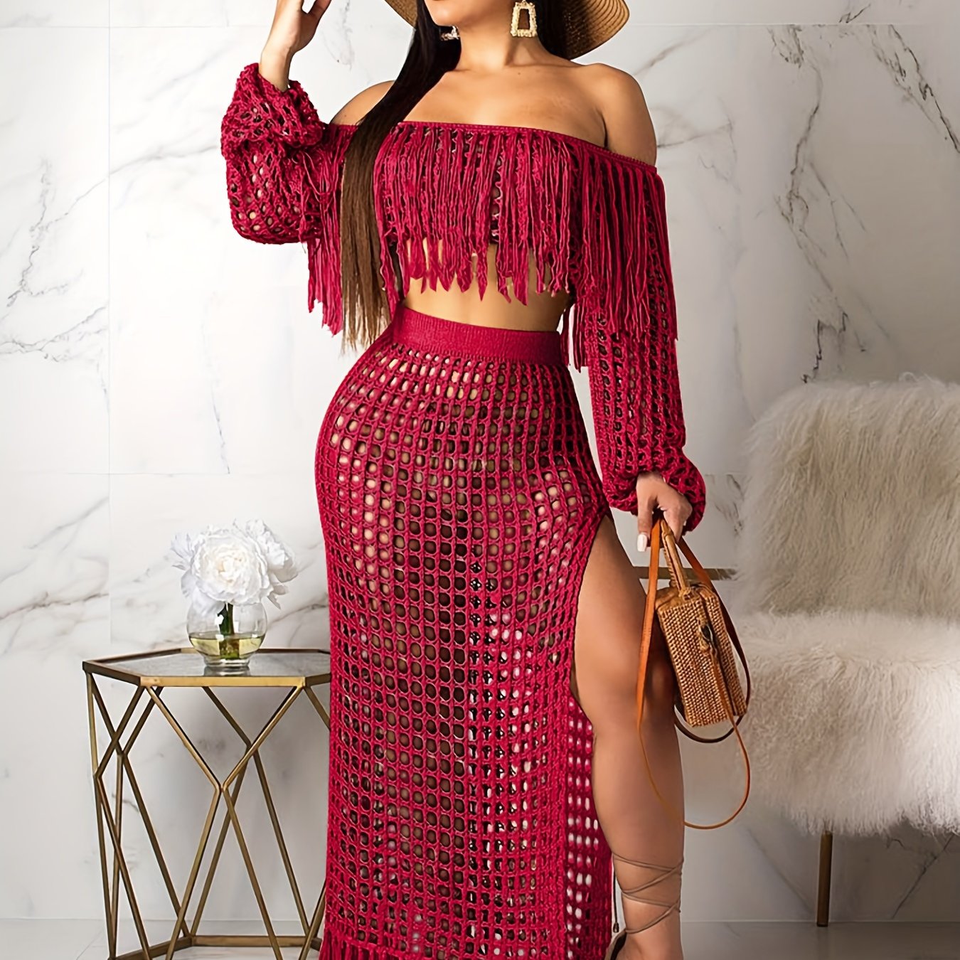 Tassel Trim Hollow Out Sexy Set - Crop Off Shoulder Long Sleeve Top & High Slit High Waist Maxi Skirt - Women's Clothing - For Women - Perfect for Parties & Night Out - Ideal Gift for Her