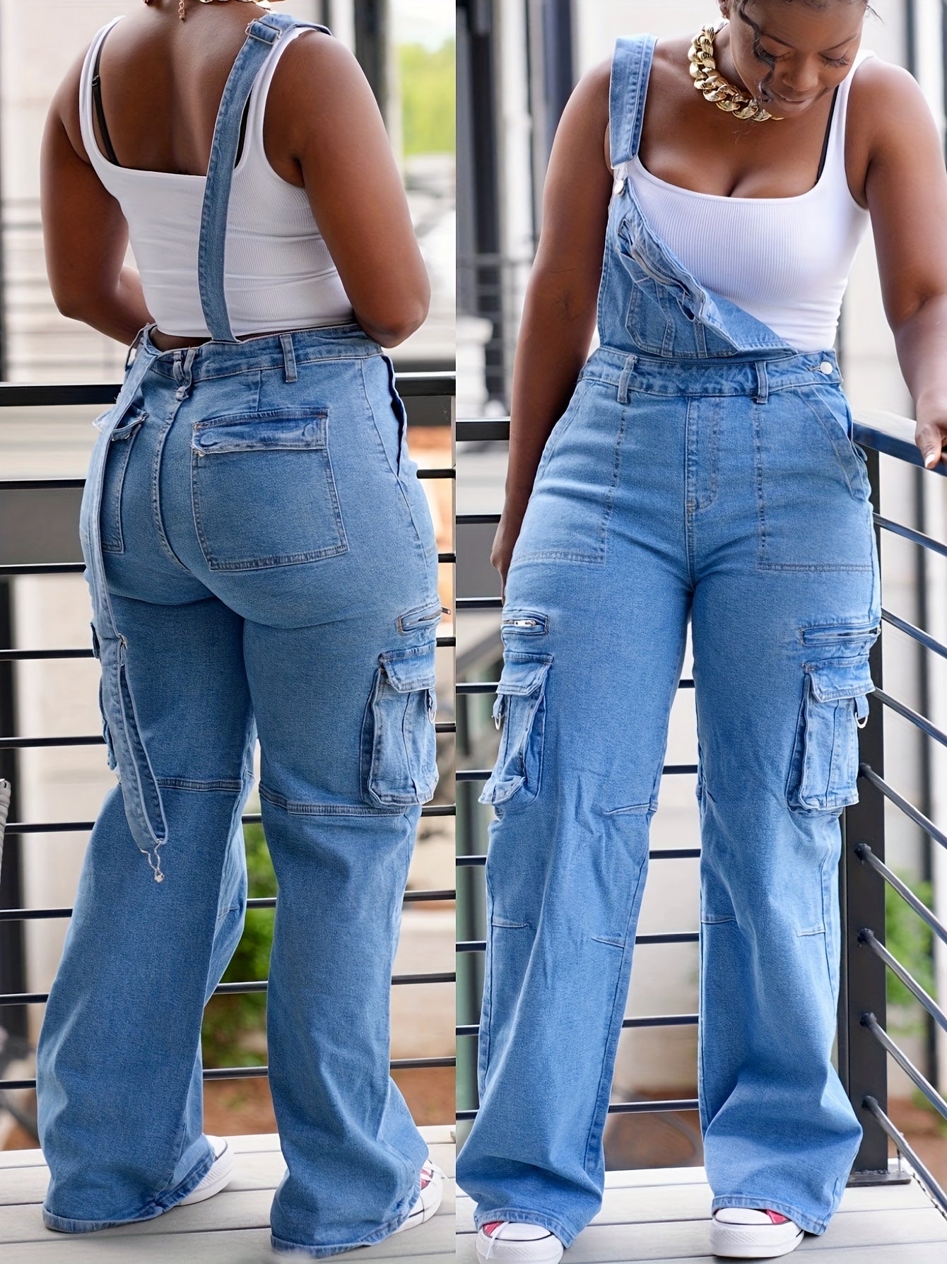 Women's Relaxed Loose Fit Denim Overalls - Street Style Cargo Jumpsuit with Utility Pockets, Long Sleeveless Wide-Leg Design, All-Season Casual Wear