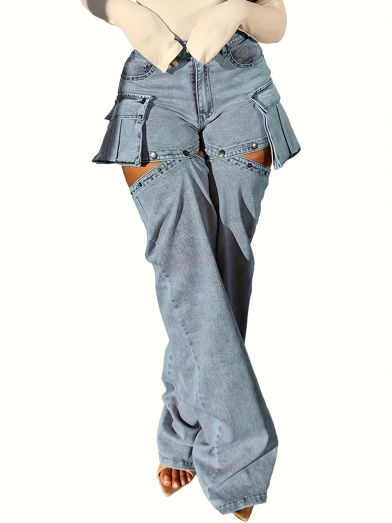 High Waisted Jeans For Women Trendy Detachable Leg Chic Denim Cargo Pants With Pockets