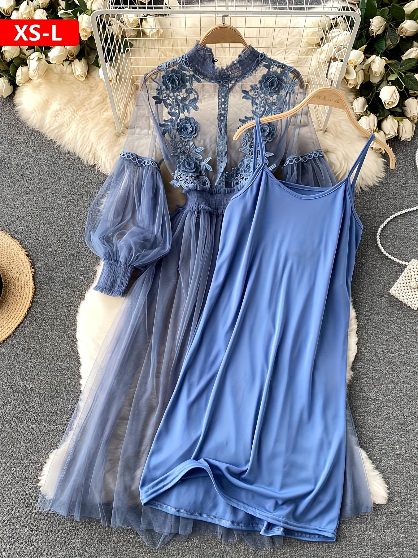 Plus Size Dresses Women'S Fashion Three-dimensional Flower Collage Sheer Mesh Balloon Sleeve Slim Long Dress Light Luxury Design Sense Women'S Chiffon Lace Shirt Suspender Base Shirt, Luxury Gift For Women