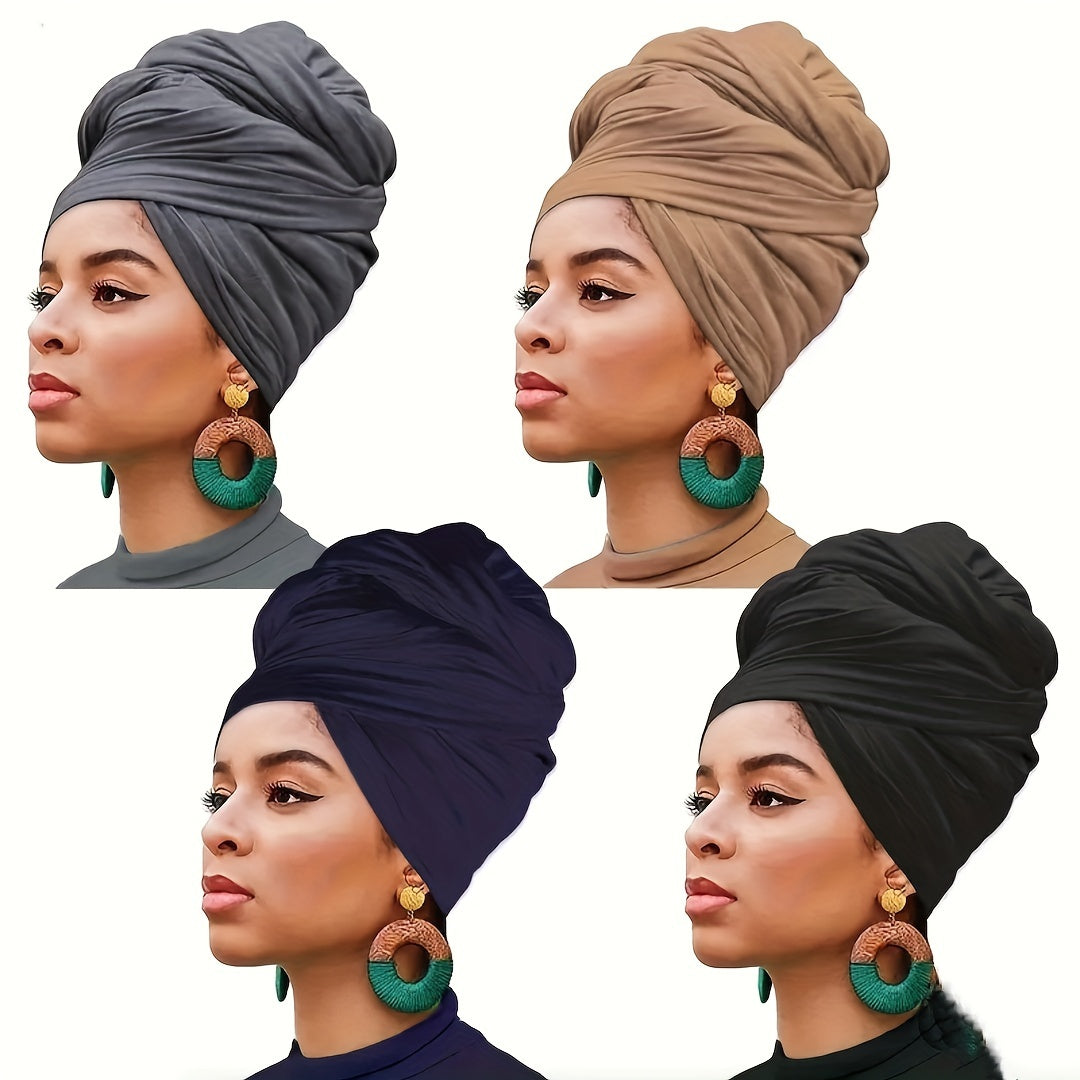 Set of 4 Bohemian Style Pleated Head Wraps, Elegant Solid Color Turban Caps, Breathable And Ultra Soft Extra Long Headbands for Women