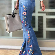 Vintage Floral Embroidered Denim Bell Bottom Jeans for Women - Medium Stretch Woven Fabric, All-Season Flare Pants