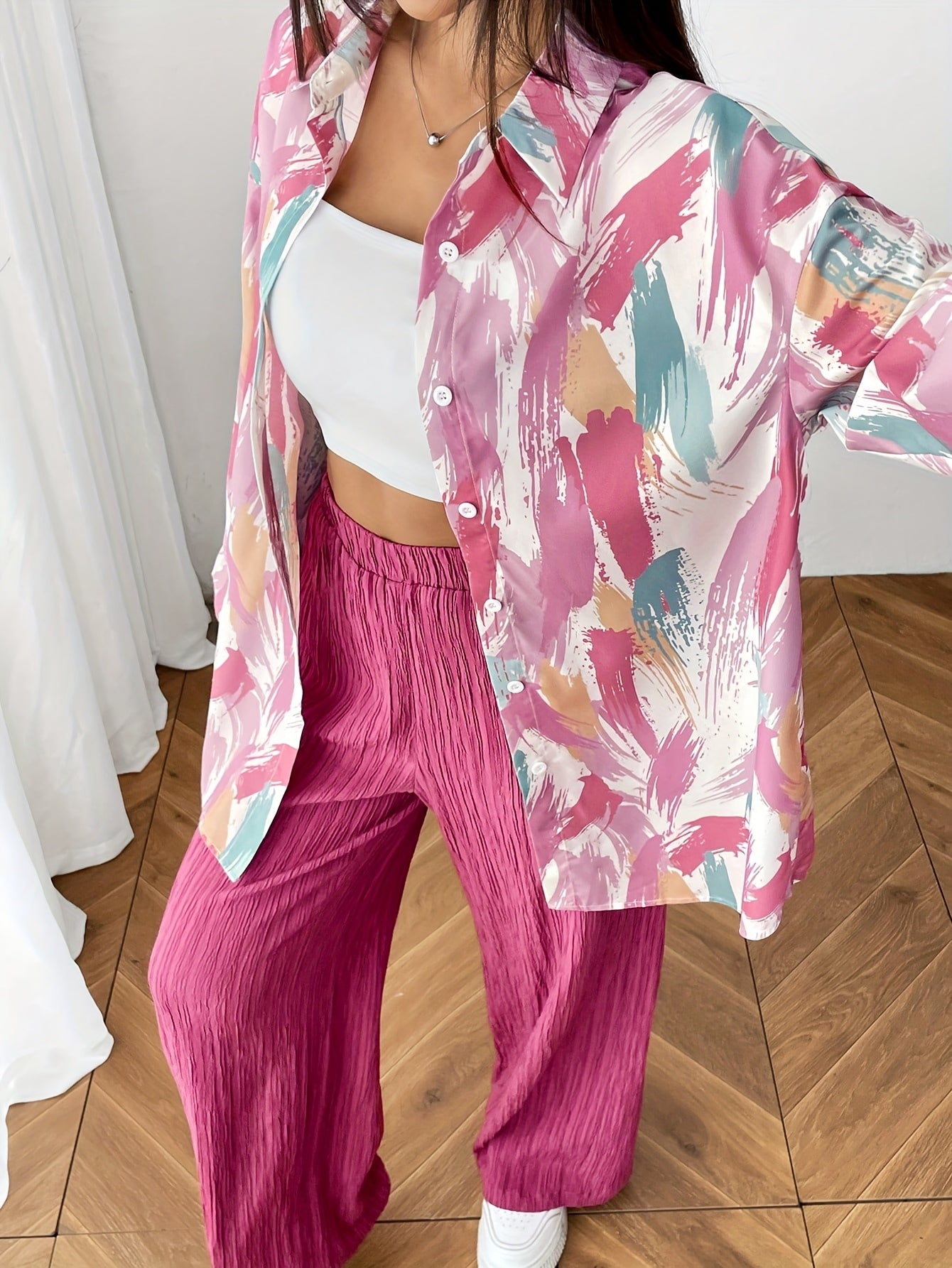 Women'S Casual Spring/Summer 2pcs Set - Floral Print Long Sleeve Blouse & Wide-Leg Pants, Button-Up Top with Pockets, White Sneakers, and White Handbag, Casual Attire|Floral Print Top|Buttonup Top