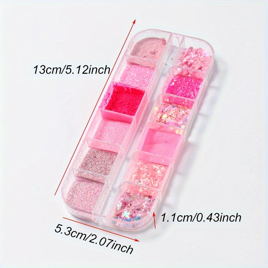 FULL BEAUTY 12 Grids Pink Glitter Nail Flakes, Holographic Hexagon Irregular Sequins, Sliced Sparkly Crystal Pigment Powder for Manicure Decoration, Hypoallergenic Rectangle Shape, Nail Charms