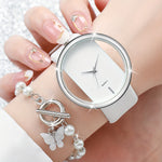 2pcs/set Women'S Fashion Hollow Dial Quartz Wrist Watch and Bracelet Set, Round Alloy Case, Faux Leather Band, Electronic Movement, Non-rechargeable Battery - Stylish Accessory Combo (Watch Box Not Included)