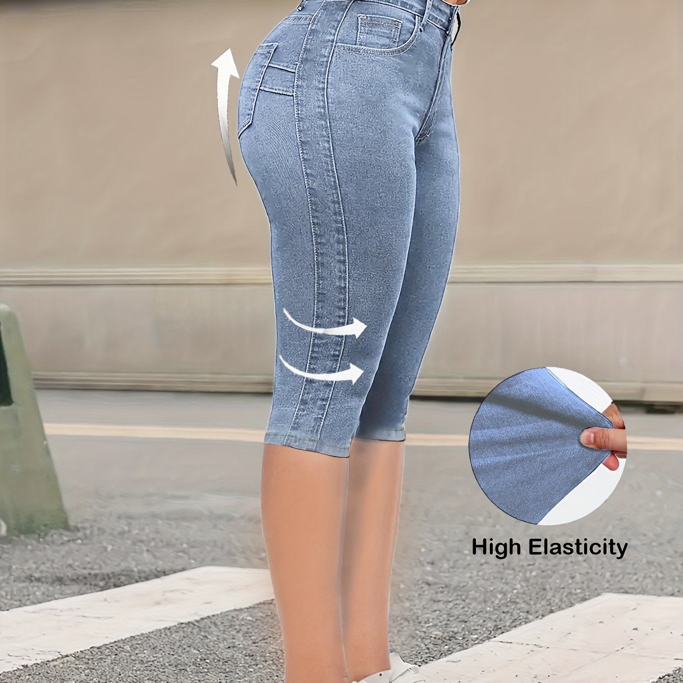 Women'S Casual High Elasticity 7-Inch Denim Shorts - Skinny Fit, Zipper Fly, Button Closure, Light Blue, Spring/Summer Fashion, Casual Wear|Skinny Fit Jeans|Zipper Fly Jeans