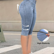 Women'S Casual High Elasticity 7-Inch Denim Shorts - Skinny Fit, Zipper Fly, Button Closure, Light Blue, Spring/Summer Fashion, Casual Wear|Skinny Fit Jeans|Zipper Fly Jeans
