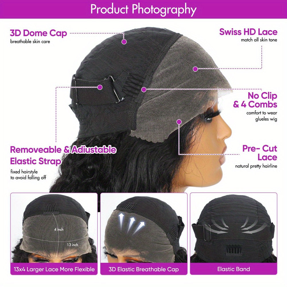 Glueless Short Bob Wig Human Hair - Pre-Plucked 13x4 HD Lace Front, Loose Deep Wave 250% Density, Natural Color with Elastic Band, Ready to Wear for, Short Hair Wigs, Everyday Hairpiece, Elegant Hairpiece