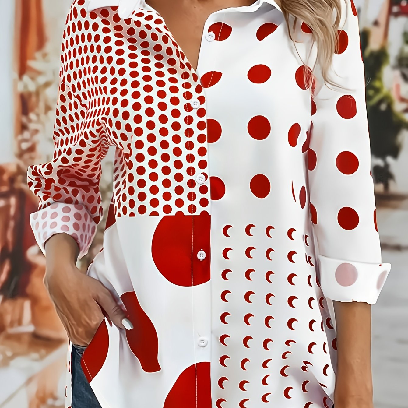 Women'S Elegant Polyester Shirt with Polka Dot Print, Long Sleeve Casual Lapel Collar, Versatile Blouse for Spring/Summer/Fall, 100% Polyester Woven Fabric, 109 gsm - Adult
