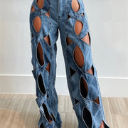 Women's High-Waisted Distressed Denim Jeans with Artistic Cutouts - Sexy Hollow-Out Design, Medium Stretch, Curvy Fit Ripped Pants for Clubwear, Street Style & Night Out