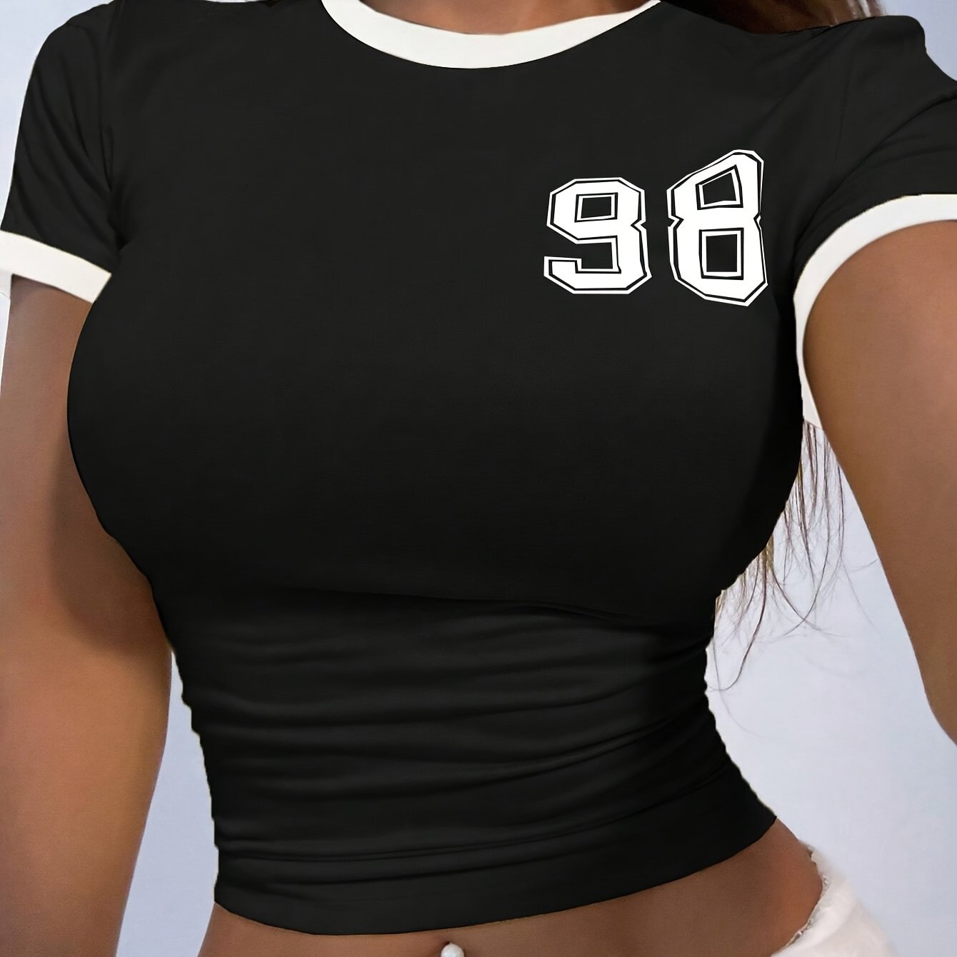 Women'S Casual Black T-Shirt with "98" Print - Short Sleeve, Round Neck, Soft & Stretchy Fabric, Perfect for Spring/Summer/Fall, Casual Attire|Bold Number Print|Medium Stretch Fabric, Ladies T Shirts