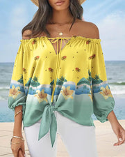 Sexy Off Shoulder Printed Chiffon Shirt Women Fashion Tied Detail Long Sleeve Pullover Tops Street Vintage Lady Blouse