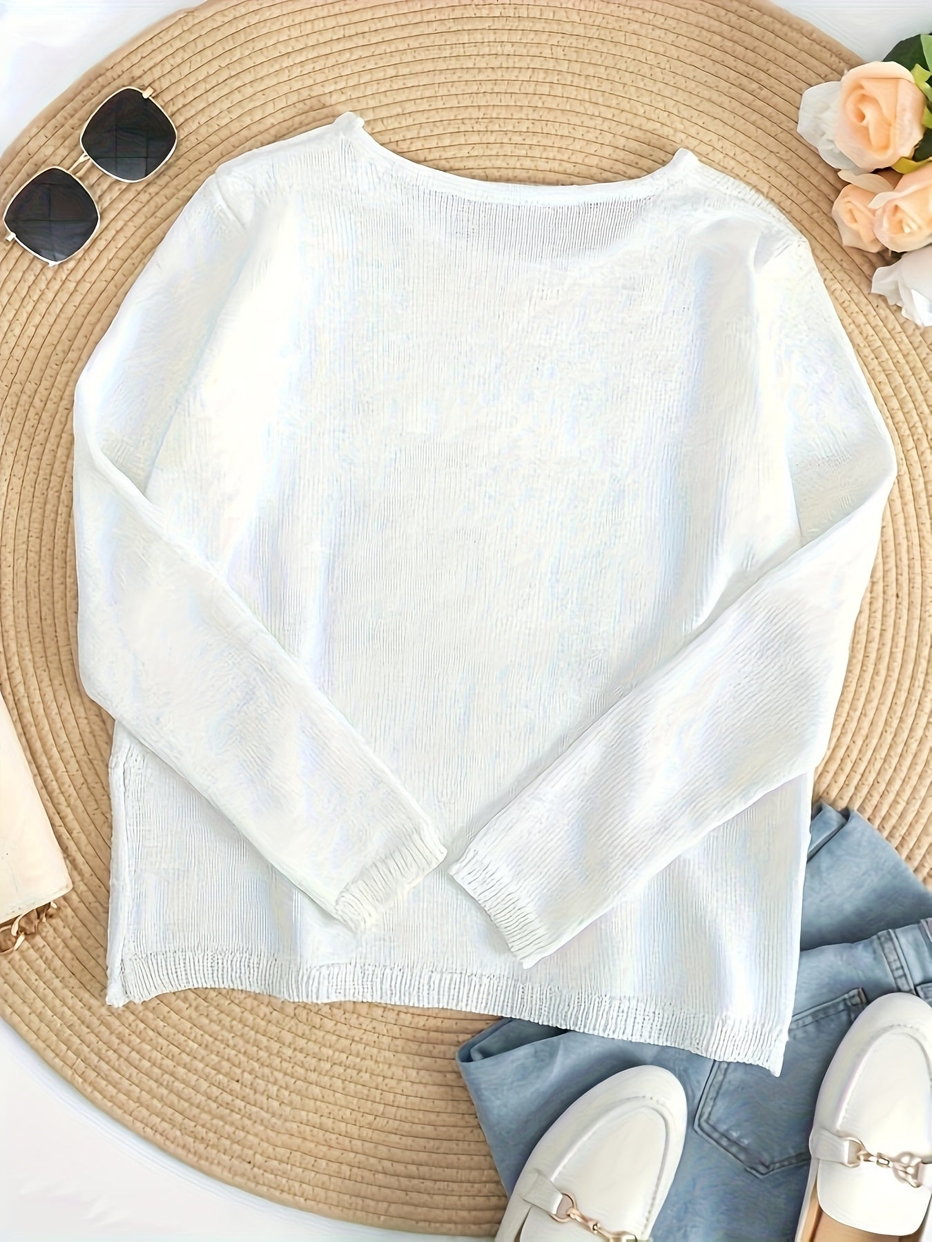 Women’s Oversized “BEACH” Crew Neck Pullover Sweater – Lightweight Polyester Knit, Casual All-Season Top