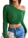 Cropped Slanted Shoulder Long Sleeve Cable Knit Sweater - Soft,Sexy,Form-Fitting, and Flattering - Womens Fashion Clothing for Casual Daily Wear, Date Night, and Party Occasions