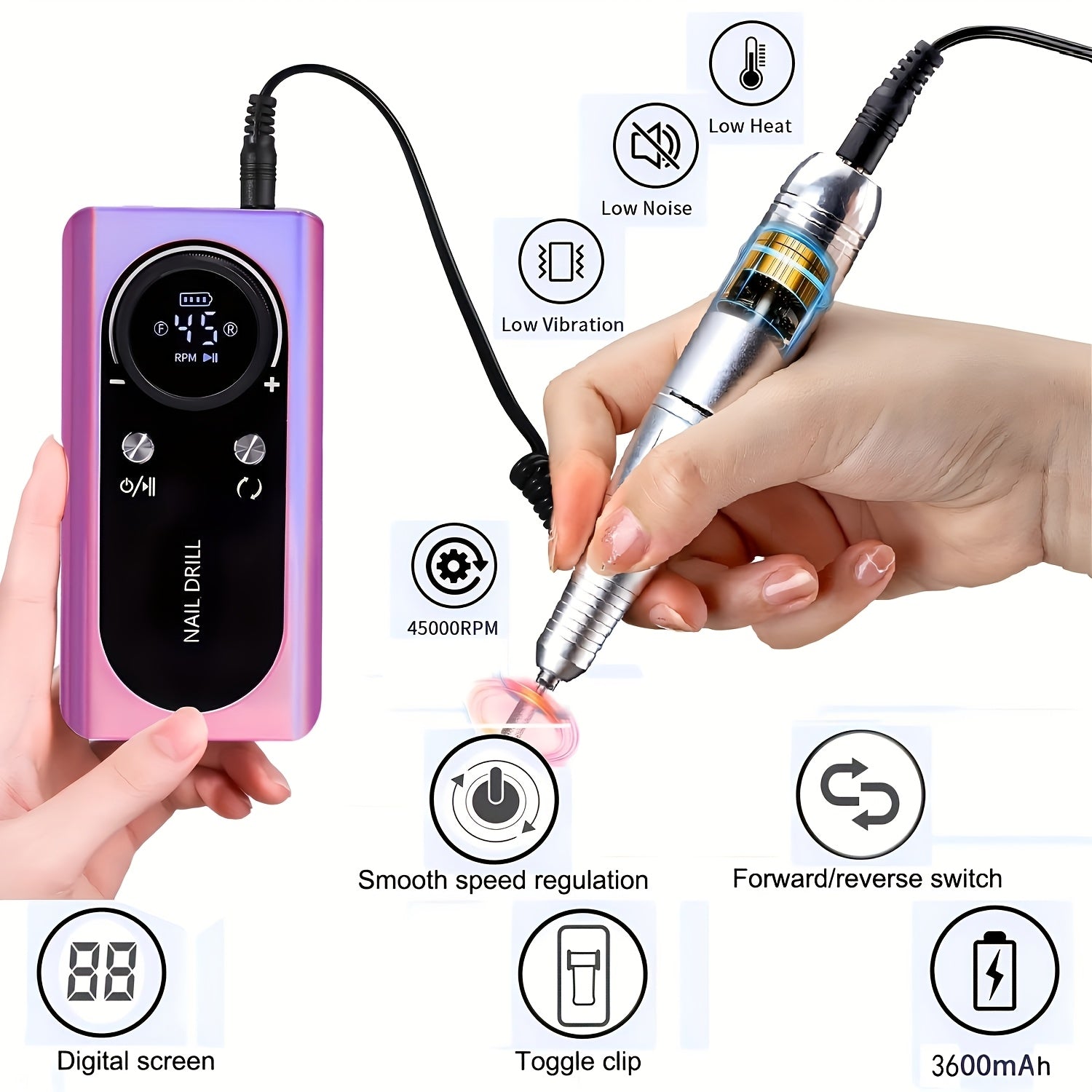 45000RPM Rechargeable Nail Drill Electric Nail File Machine, Perfect For Home And Salon Use, Professional Nail Drill For Acrylic Gel Nails, Manicure Pedicure Polishing, Pink, Unicorn Purple