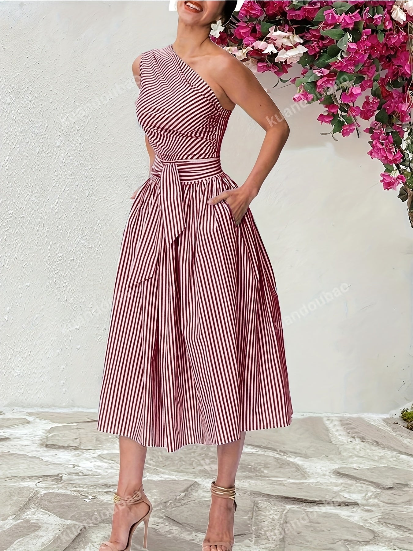 Women'S Casual Loose Fit Striped Sleeveless Dress with Belt, Off the Shoulder Collar, Side Pockets - Perfect for Spring/Summer