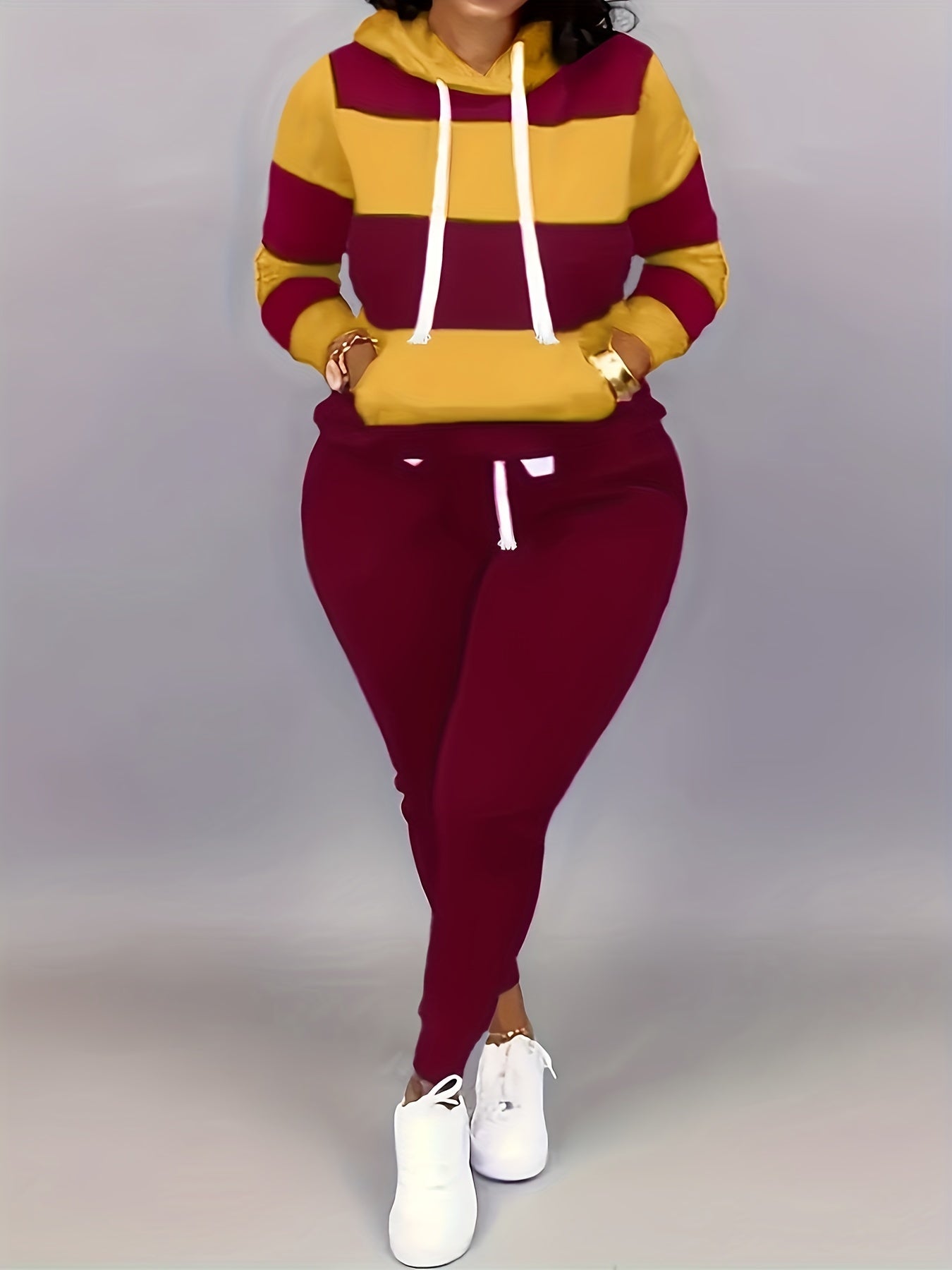 2 Pcs Cozy Striped Lounge Set - Soft Long Sleeve Kangaroo Pocket Hoodie & Drawstring Elastic Waist Jogger Sweatpants - Women's Comfortable Casual Wear for Daily Life