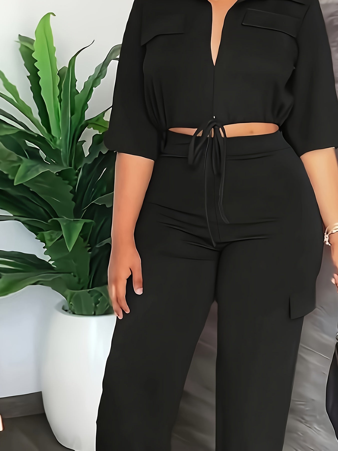 [Elegant Women's Outfit] Elegant Women's Outfit - High-Waisted Straight-Leg Pants with Drawstring Hem - Allseason Outfit, Glossy Fabric, European And American Style