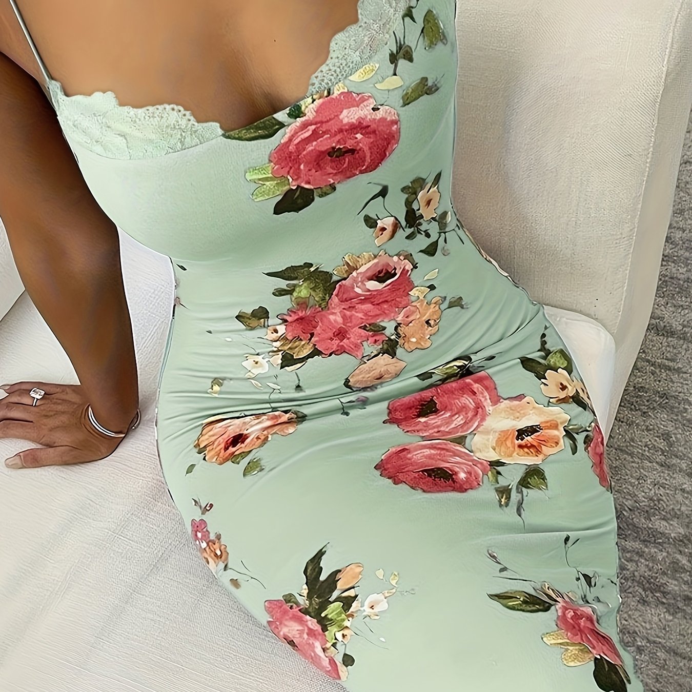 Print Lace-Trim Cami Midi Dress - Sleeveless, Stretch Fit, Summer Women’s Fashion in Green with Vibrant Pink & Peach Flowers