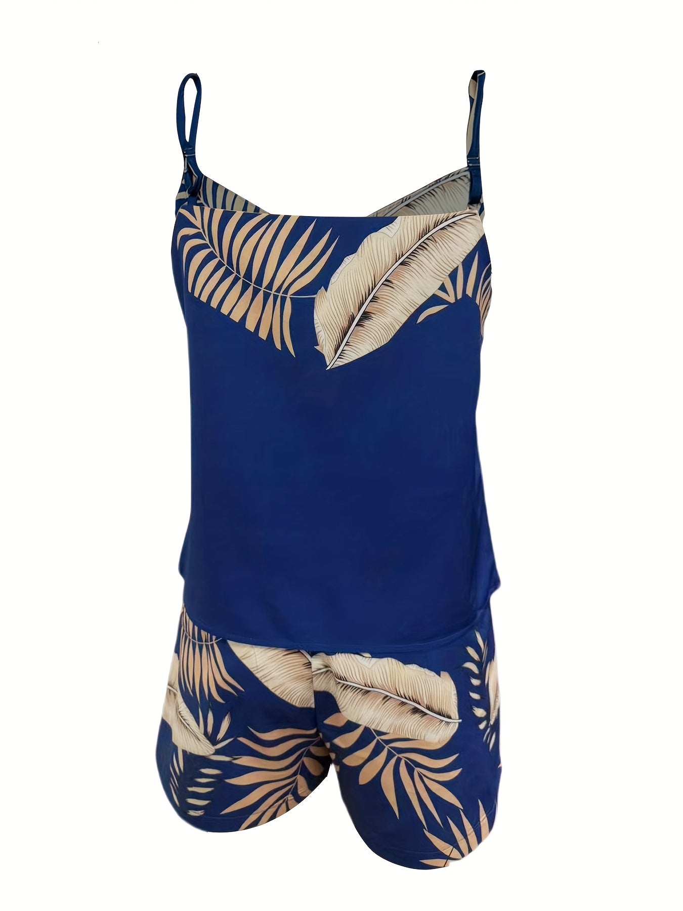 Women's Tropical Print Two-Piece Set – Elegant Spaghetti Strap Top & High-Waisted Shorts, Lightweight Polyester, Spring/Summer Fashion