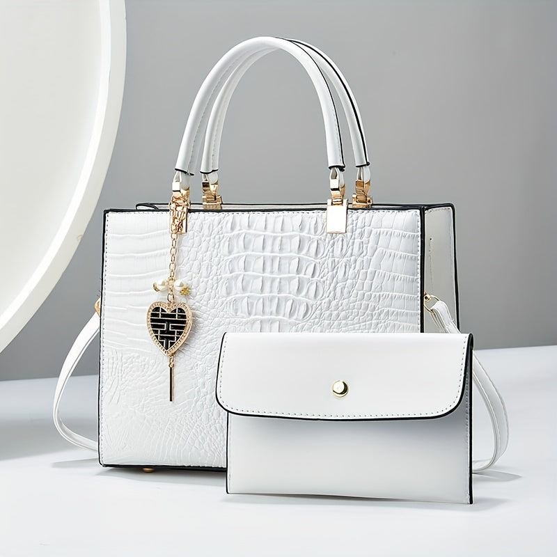 Women's Casual Large Capacity Handbag - Crocodile Pattern PU Purse with Removable Strap | Zipper Closure | Polyester Lining