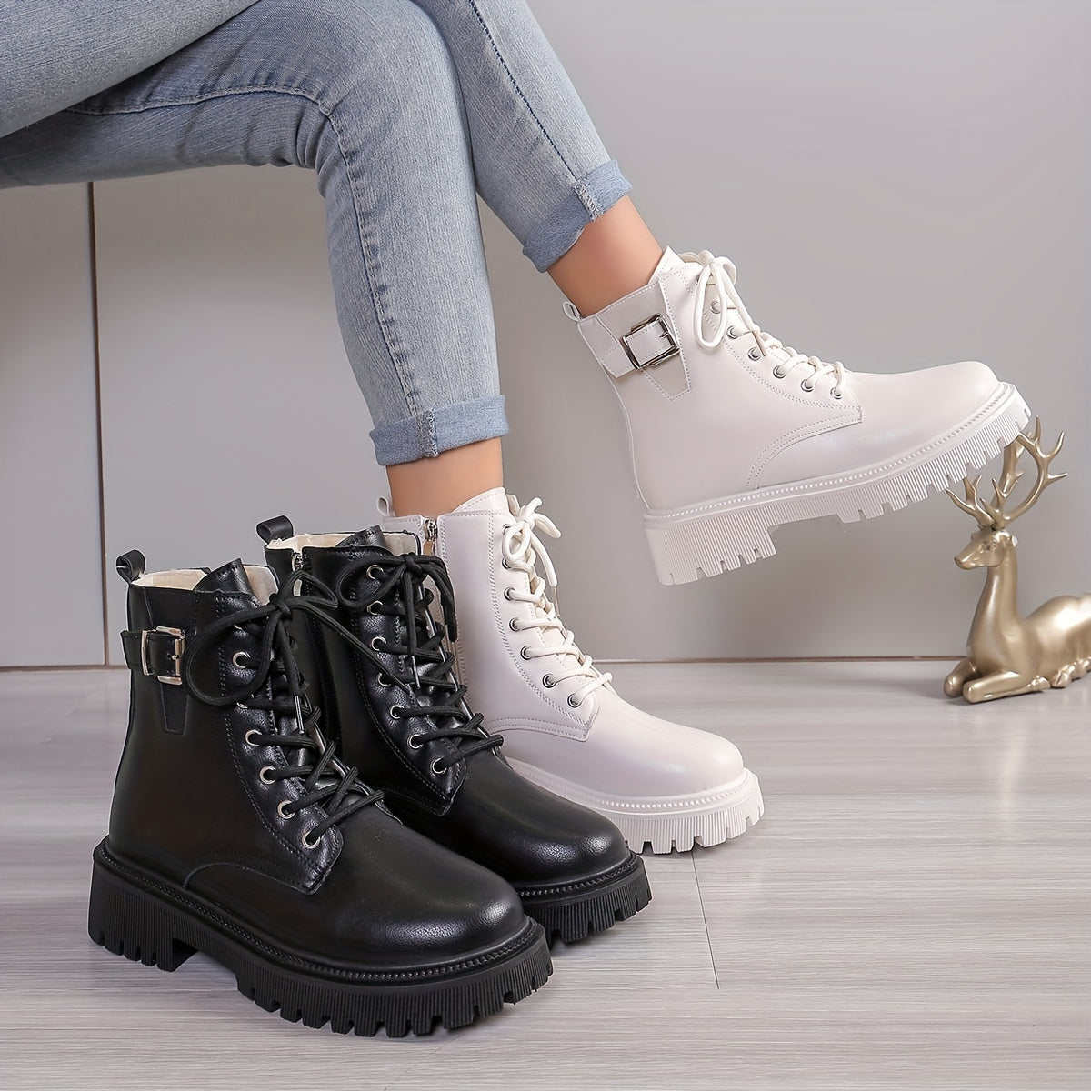 Women'S Fashion Ankle Booties - Mid Heel Platform Boots, Solid Color, Round Toe, Zipper Closure, Man-Made Upper, Fabric Inner & Insole, PU Sole, with Belt Buckle Detail