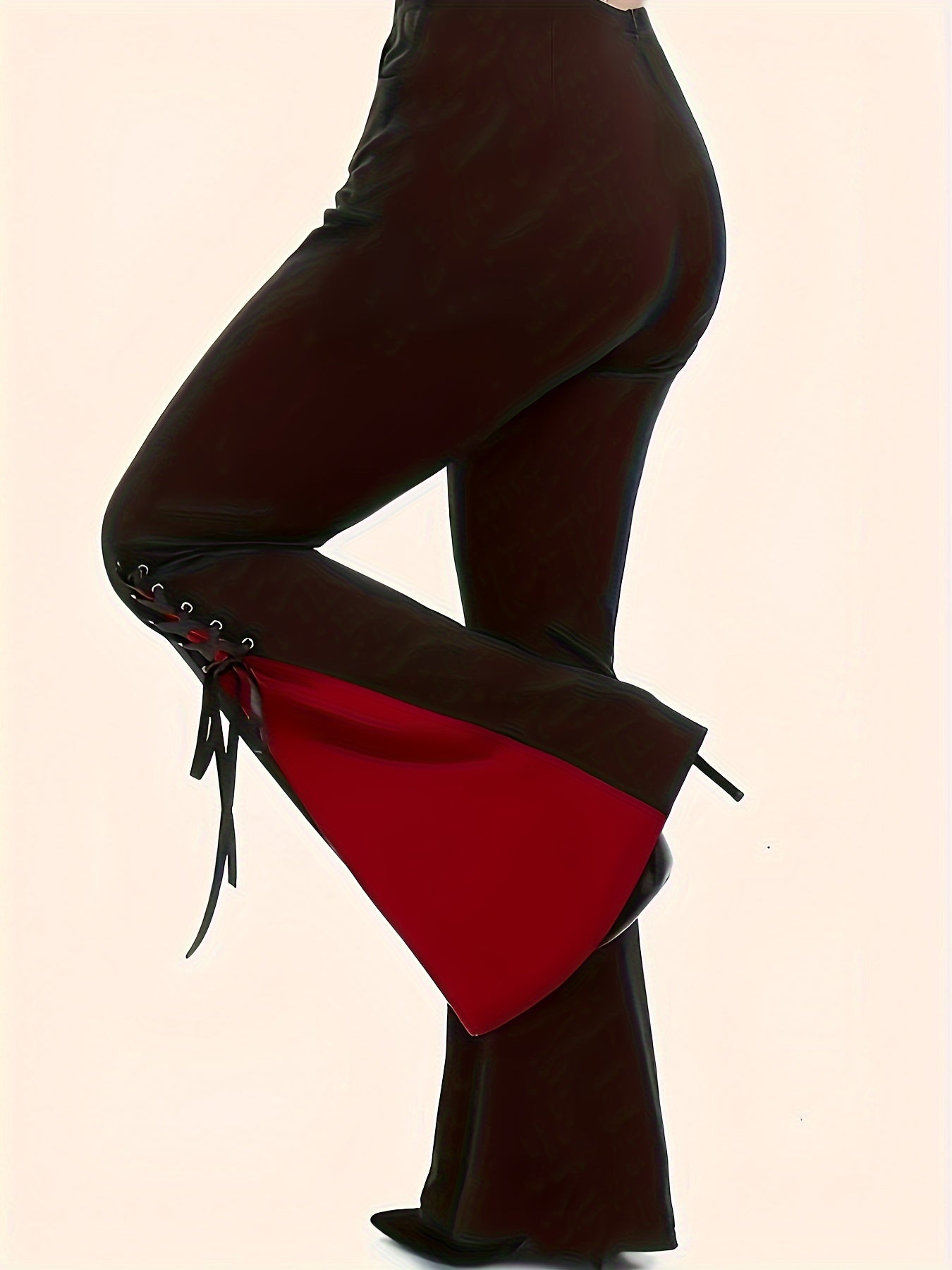 Color Block Flare Leg Pants, Elegant Skinny Tie Side High Waist Pants For Spring & Fall, Women's Clothing