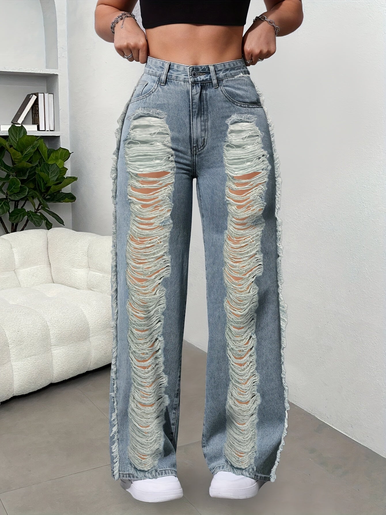 Women's High-Waisted Straight-Leg Distressed Ripped Jeans - 450gsm Heavyweight Denim Pants with Frayed Hem, 73% Blend, Machine Washable, All-Season Casual Wear, Relaxed Fit Pants | Raw Hem Design | Rugged Denim Texture