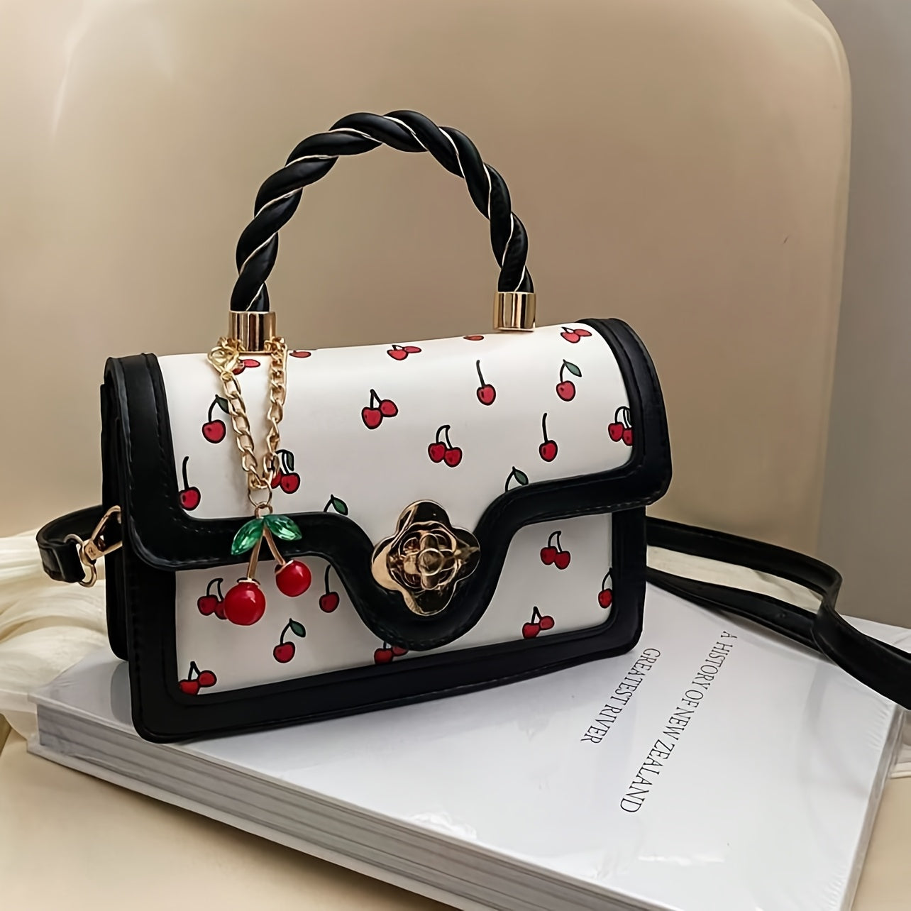 Fashionable High-End PU Tote Bag with Versatile Square Shape and Cute Cherry Print, Perfect for Shopping, Dating Or Cross-Body for Girls., Kawaii Cherry Elements