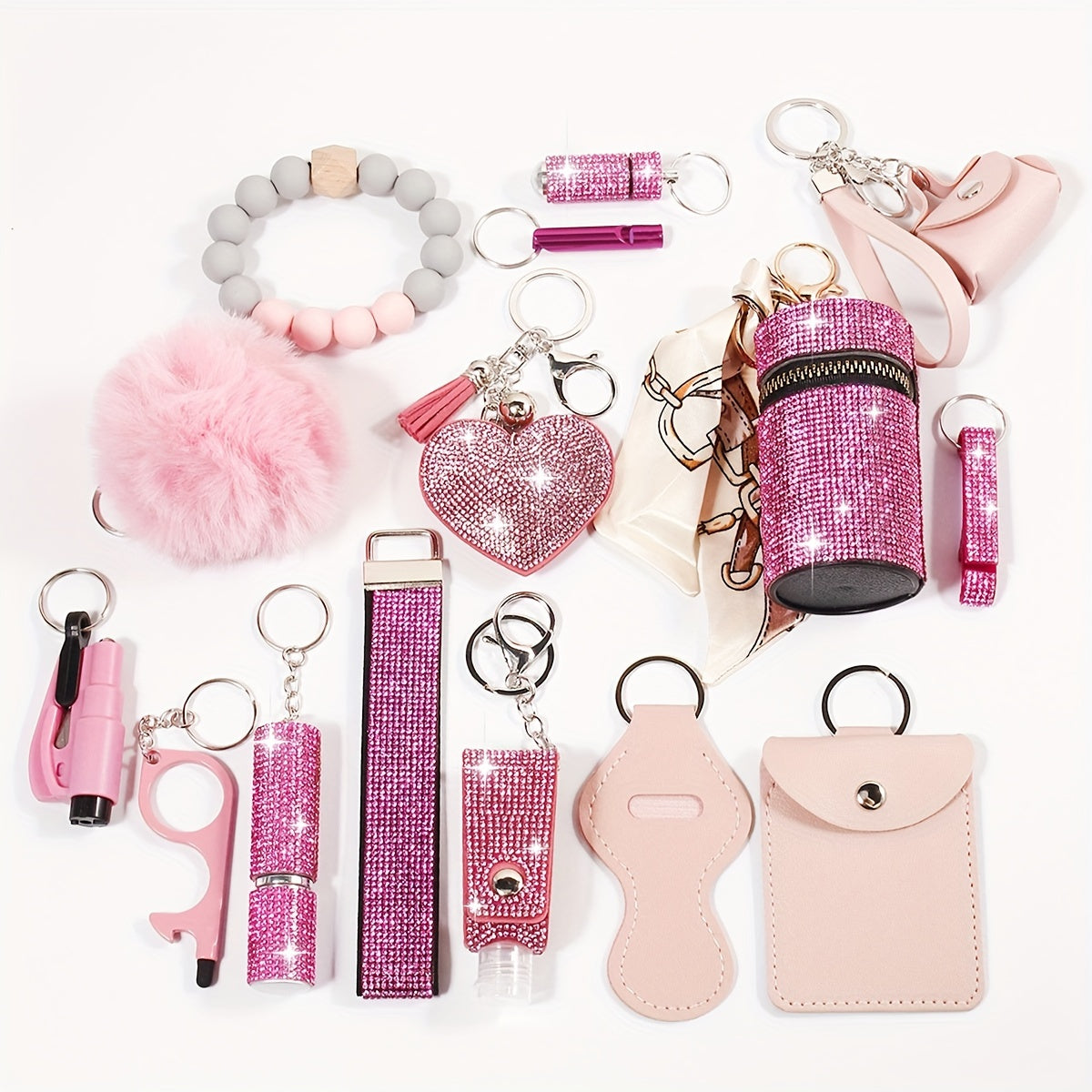 15pcs Rhinestone Safety Keychain Set for Women, Wristlet Keyring with Storage Pouch & Pom Pom Card Holder Accessories Kit