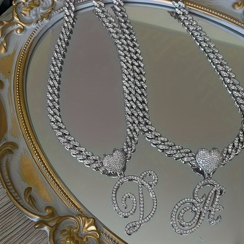 Silvery Cuban Link Necklace - Heart-shaped Alphabet Pendant on Ice Chain - Unisex Hip-hop Jewelry Gift