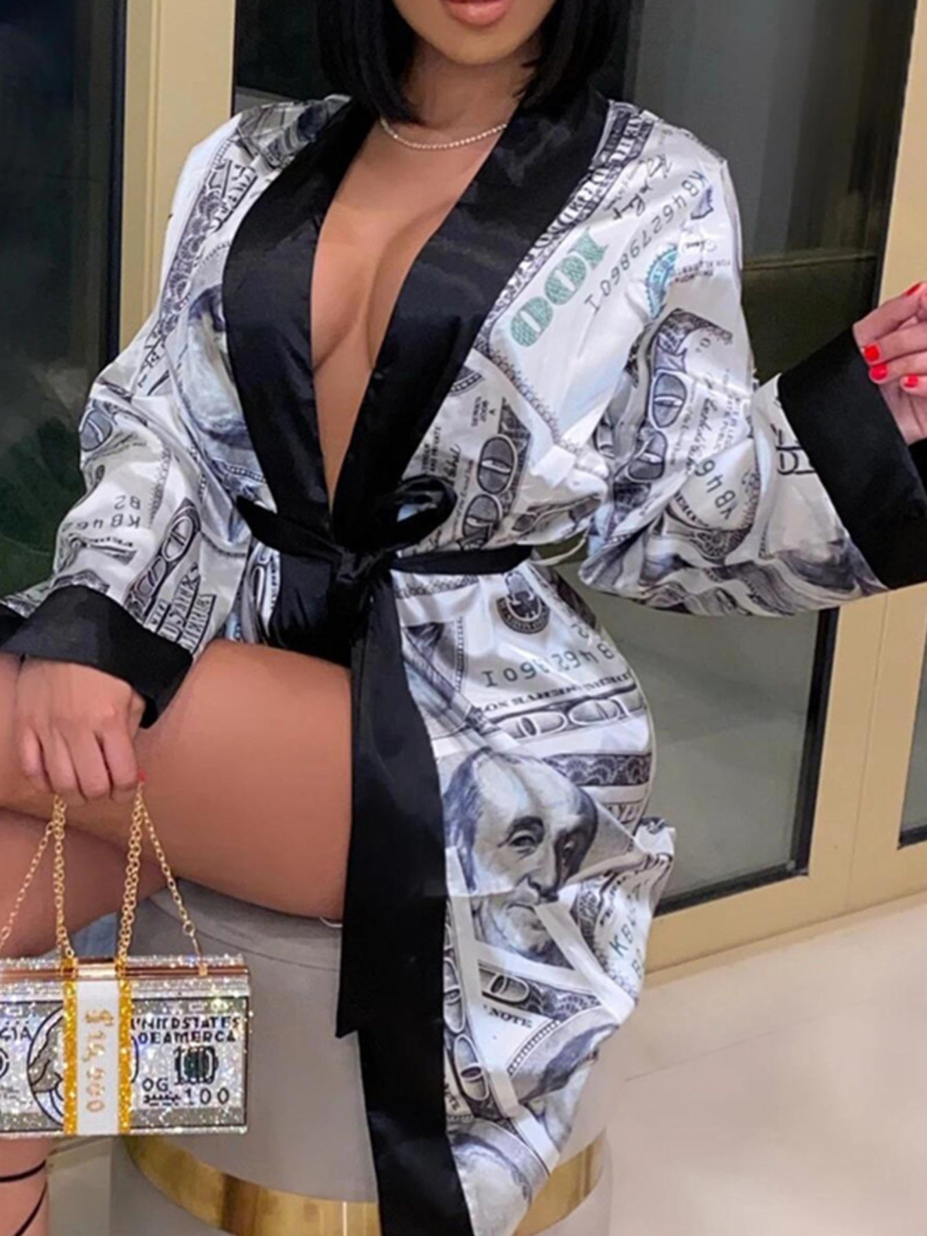 Women's Luxe Satin Robe with Golden Trim & Dollar Print - Long Sleeve V-Neck Kimono Bathrobe Sleepwear with Belt, Soft Polyester Fabric, Machine Washable, Ladies Bathrobe