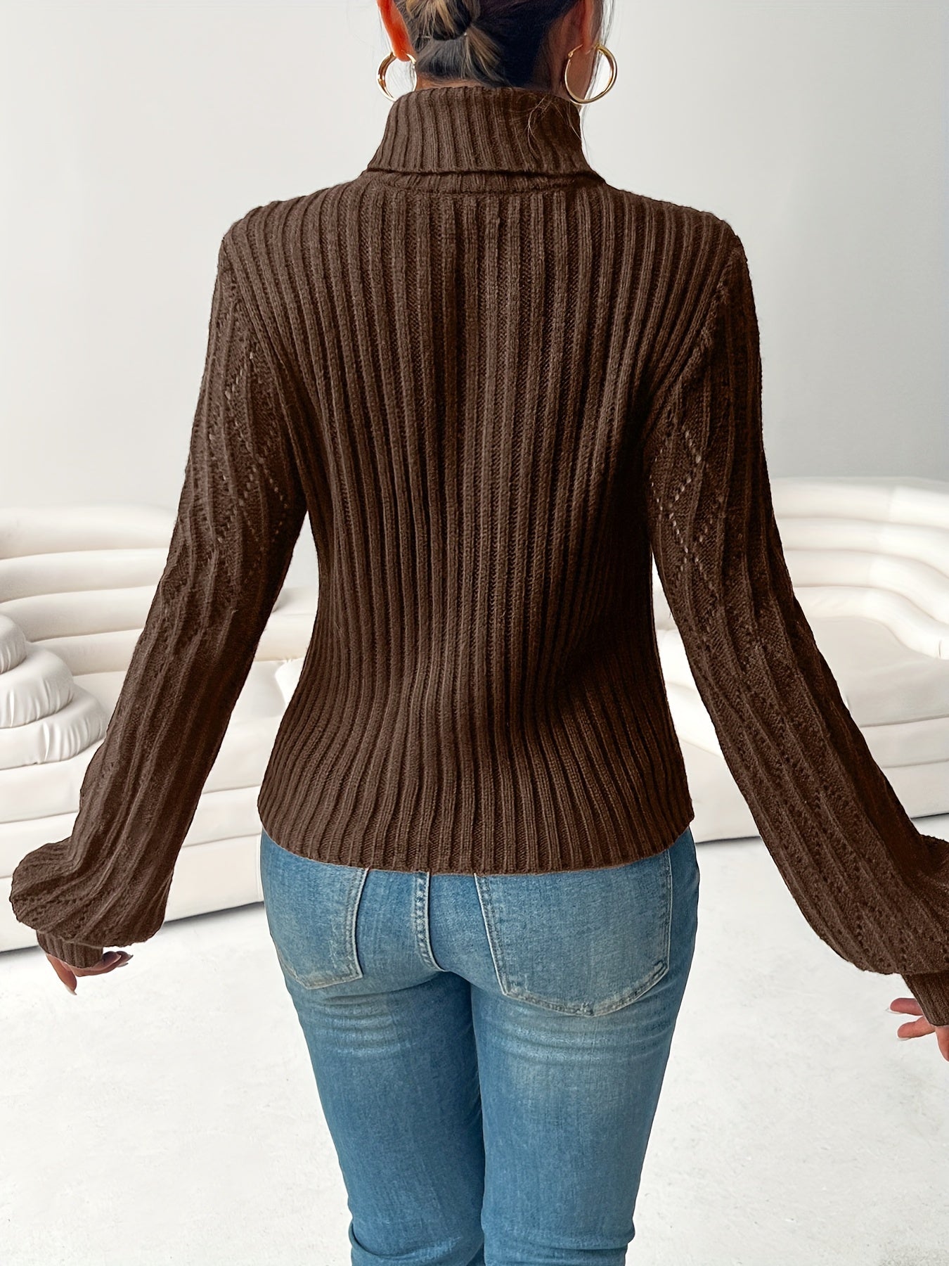 Cut Out Turtle Neck Textured Slim Sweater - Casual Long Lantern Sleeve - Soft & Cozy Fabric - For Fall & Winter - Women's Clothing - Perfect Gift for Fashionable Women