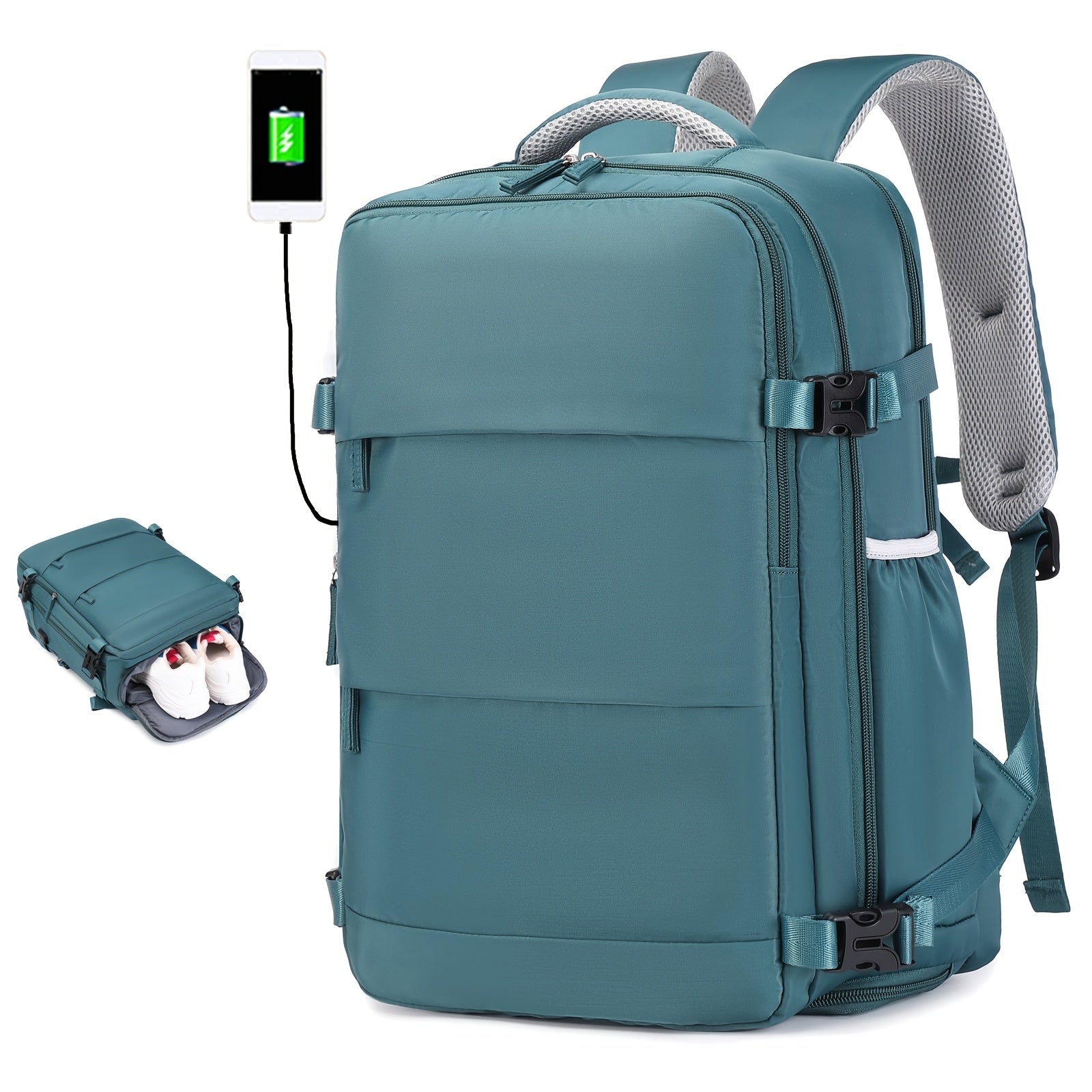 Airlines Approved Women'S Travel Backpack with Shoe Compartment, Casual Laptop Bag, Adjustable Strap, Zipper Closure, Polyester Lining, Solid Color, USB Powered - Multi-Color Options