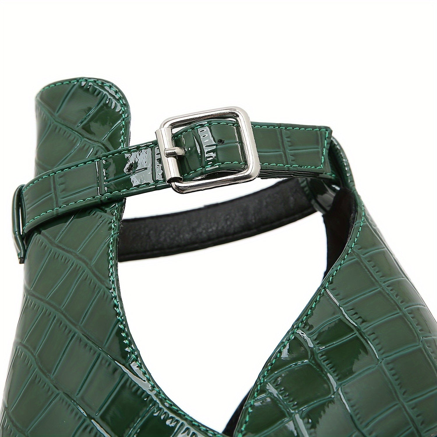 Women'S Fashion Ankle Boots, Green Crocodile Pattern, Stiletto Heel, Belt Buckle Detail, Pointed Toe, Synthetic, Non-Washable, All-Season, Rubber Sole, Fabric Insole