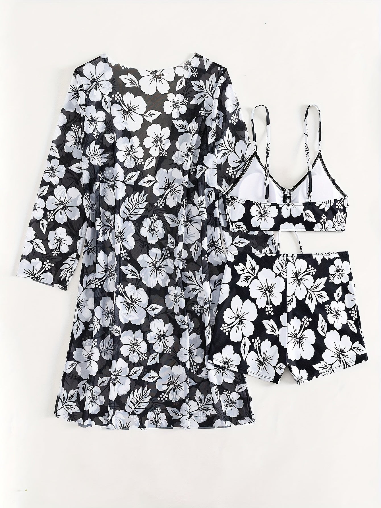 Floral Pattern 3 Piece Set Bikini, Drawstring V Neck Boxer Short Bottom With Long Sleeves Cover Up Shirt Swimsuits, Women's Swimwear & Clothing