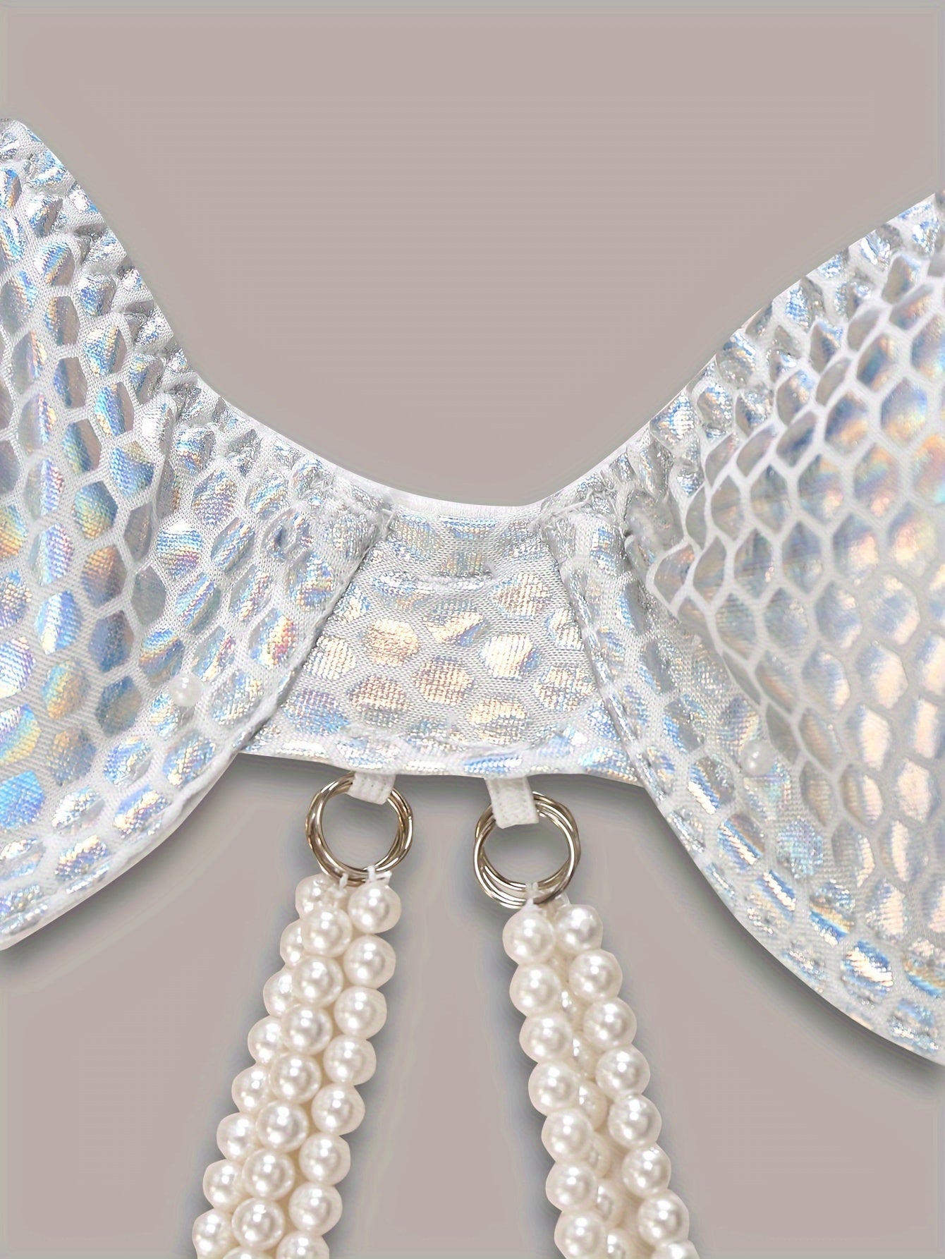 Faux Pearl Chain Detail Bra, Shiny Geo Pattern Bra, Women's Sexy Lingerie & Underwear