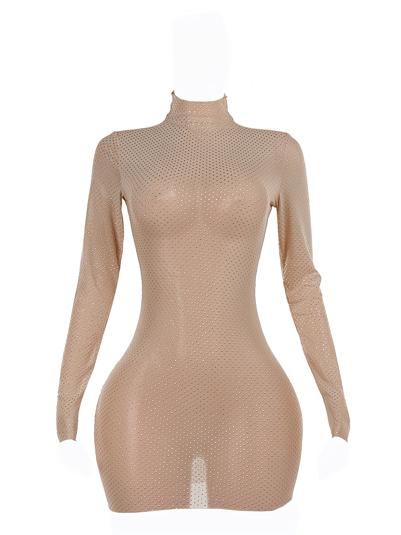 Chic JFL217 Sheer Mesh Bodycon Dress for Women - Sexy Long Sleeve, High Neck, Micro Elastic Fabric, Fashionable Slim Fit Mini Skirt with Sequin Detail - Perfect for Spring/Summer/Fall Events