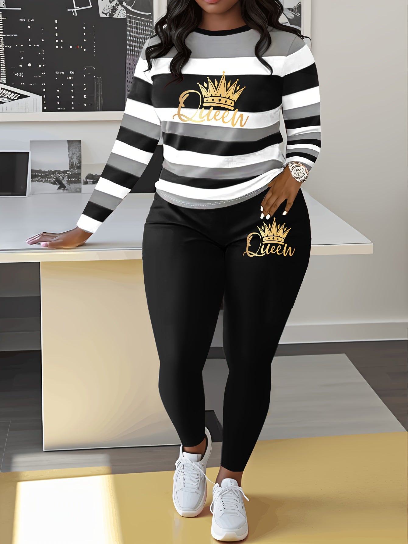 Women's Striped Crown Print Casual Tracksuit Set - Polyester & Elastane Knit Crew Neck Long Sleeve Top with Pants, No Belt - Fall/Winter Cozy Loungewear Suit (1 Top + 1 Pants)