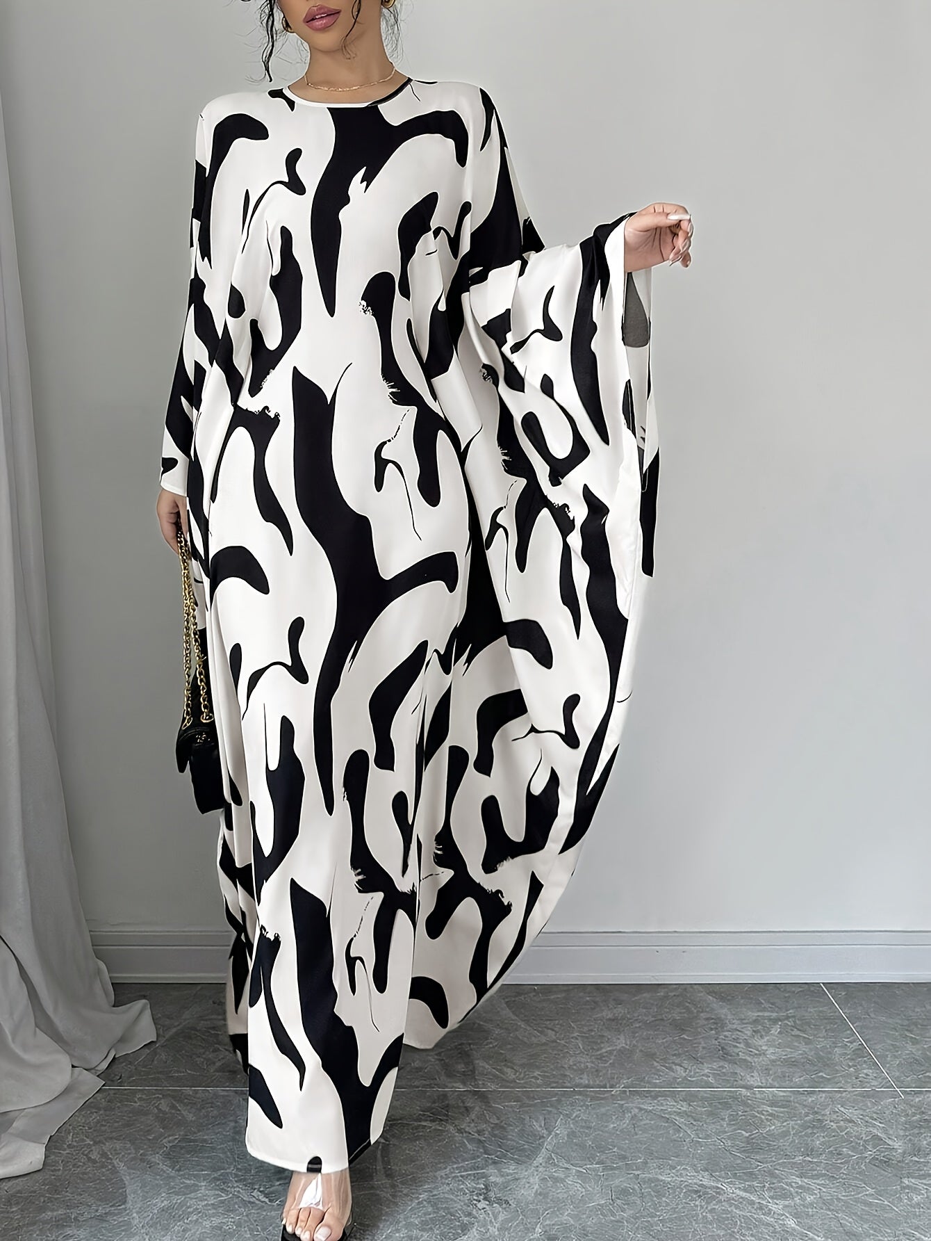Ladies' Loose Batwing Sleeve Tie Abstract Random Print Elegant Long Dress, Super Long Skirt for Women'S Fashion, Casual Style Suitable for Spring And Summer.