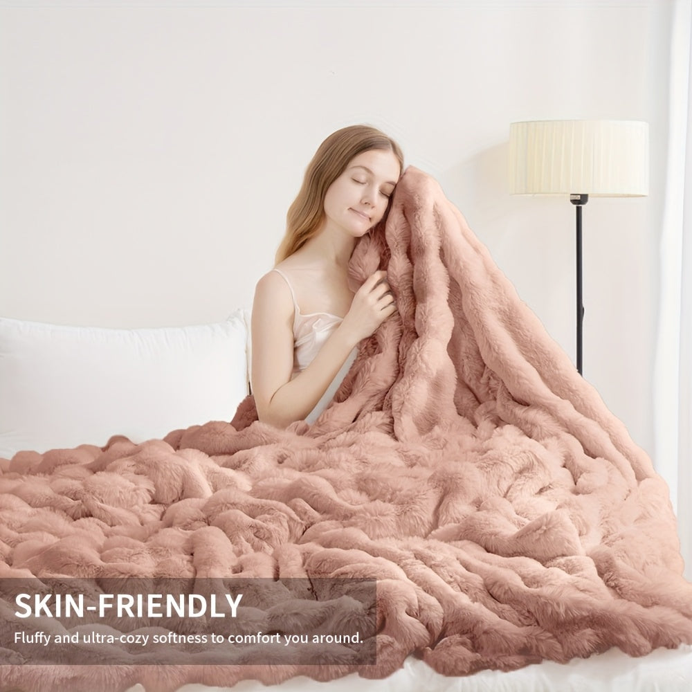 1PC Faux Rabbit Fur Queen Blanket For Bed, Thick & Warm Bed Blankets For Winter, Soft Cozy Fluffy Decorative Blankets For Living Room, Bedroom, Heavy Furry Luxury Blanket Gifts