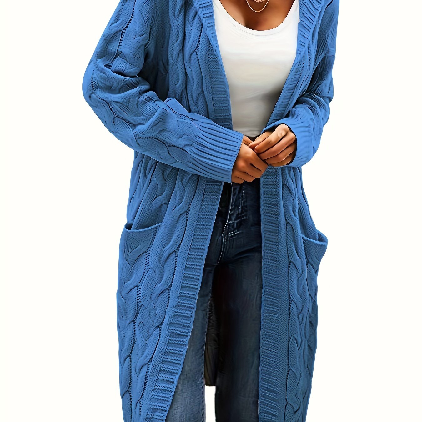 [Open Front] Women's Casual Cardigan - Black Cable Knit, Long Sleeve, Open Front with Pockets - Relaxed Fit for Fall/Winter