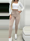 Women's Beige High-Waist Jogger Pants with Drawstring and Pockets - Casual, Stretchy Polyester Blend, Machine Washable