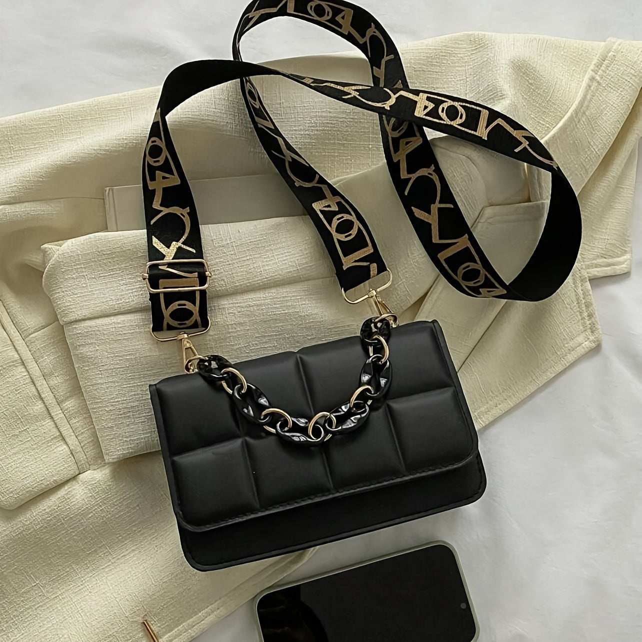 Black Synthetic Leather Mini Plaid Crossbody Bag with Adjustable Strap & Golden-Tone Chain Detail - Stylish Women’s Handbag for Everyday Use, Mini Purse