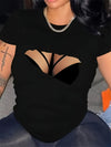 Women's Sexy Hollow-Out Geometric Pattern Casual Short Sleeve T-Shirt - Black Round Neck Regular Fit Machine Washable Spring Summer Fashion Top, Ladies T Shirts, Durable Digital Print