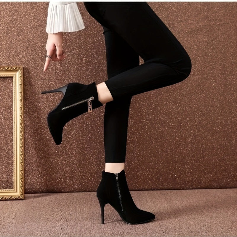 Elegant Black High-Heel Ankle Boots for Women, Pointed Toe Stiletto Dress Booties with Side Zip Closure, Comfortable Fashionable Flannel Upper for Parties, Weddings, and Everyday Wear - Fall Season